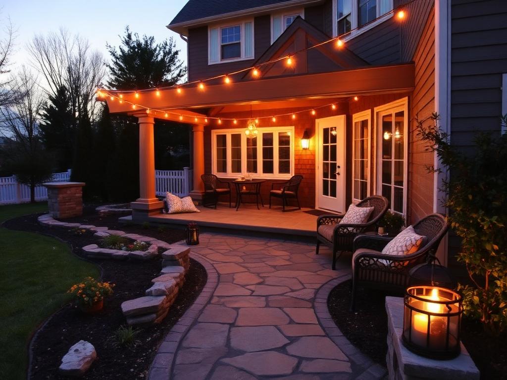 Cozy Rhode Island patio at dusk with string lights